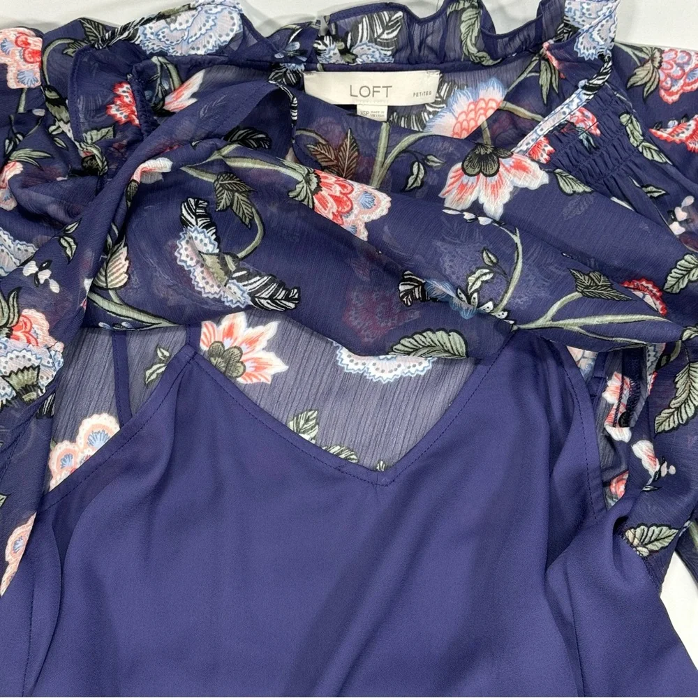 NWT New Ann Taylor Loft Floral Ruffle Tie Neck Blouse XSP XS Petite Shirt Top